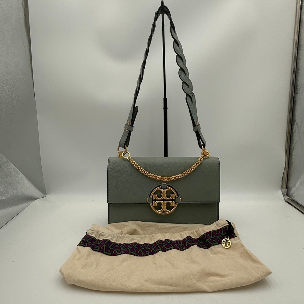Tory Burch Miller Shoulder Bag Grey Pebbled Leather Gold Hardware 81876